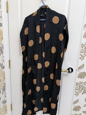 Black Long Polka Dot Duster Coat with Tan Dots